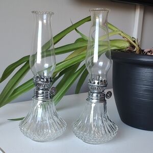Bundle Of 2 Vintage Lamplight Farms Petite Bordeaux Clear Glass Twin Oil Lamps